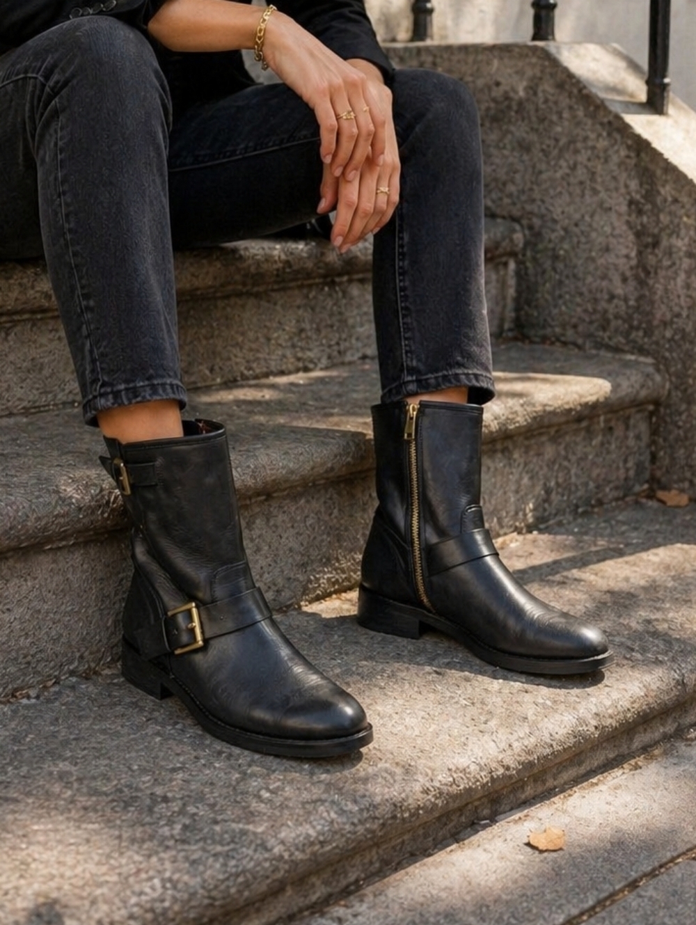 Michael Michael Kors Black Leather Moto Ankle Boots Gold Buckle Zip Side Chic